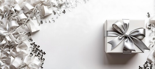 White gift box with silver bow and confetti on white background.