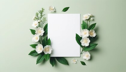 Elegant white flower with lush green leaves arranged around a blank card on a soft pastel green background.