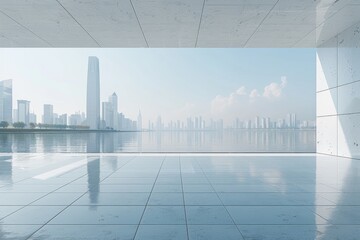 Fototapeta premium Modern buildings by the lake. The modern urban skyline is in the background.