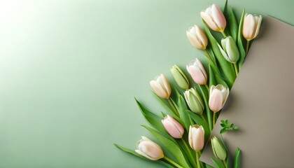 Soft Pink Tulips on Pastel Green Background
