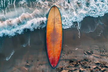 A flamboyant surfing board over a sandy beach, spillage in the turquoise waves of the ocean releasing white bubbles warm day and space, Generative AI.