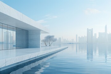 Modern buildings by the lake. The modern urban skyline is in the background.