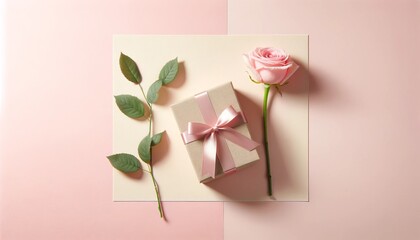 Fototapeta premium Elegant Gift Box and Rose on Pink Background.