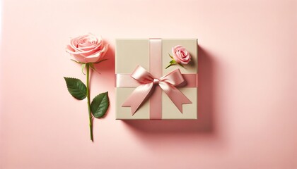 Elegant Gift Box and Rose on Pink Background.