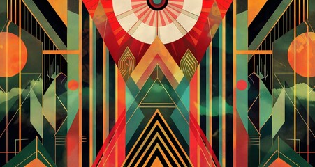Retro Art Deco influenced poster showcasing intricate geometric patterns and bright colors