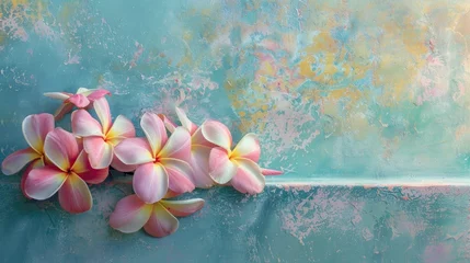 Fototapeten Plumeria blossoms in pink and yellow on the wall s edge © 2rogan