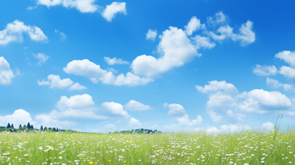 Fototapeta premium Beautiful spring summer natural landscape. Green meadow grass with white and yellow flowers on blue sky background with clouds on warm sunny day. Colorful and bright natural pastoral landscape.
