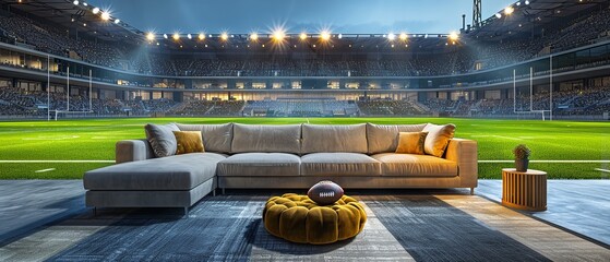 Portrait of a sofa in middle of a football field with a blurry stadium in backdrop with a big space for text or product background, Generative AI.
