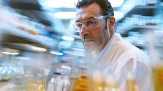 Blurred view of a scientist in a laboratory With test tubes and beakers out of focus this image captures the constant drive for innovation in developing new and improved drug delivery .