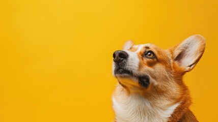 Attentive brown and white dog with large ears against yellow background - obrazy, fototapety, plakaty