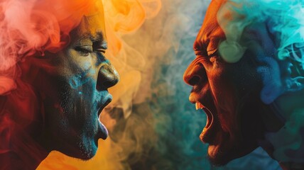 Two people yelling, faces painted with blue and orange, colorful smoke background - obrazy, fototapety, plakaty