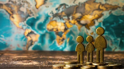 Metal figures of family on stacked coins against world map backdrop