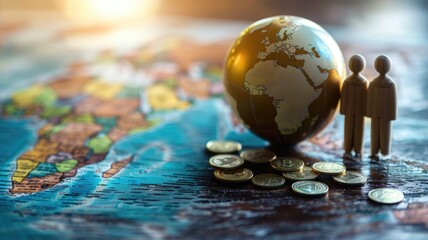 Globe and figures on map with coins, symbolizing global economy investment - obrazy, fototapety, plakaty