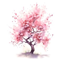 Watercolor cherry blossom tree isolated on white background. Hand drawn illustration