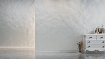 A white wooden table sits in front of an elegant white wall.