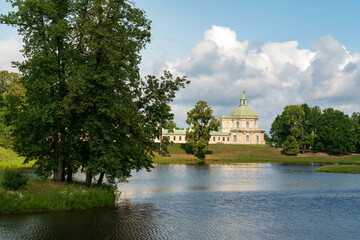 The Great (Menshikov) Palace from the side of the Lower Pond in the Oranienbaum Palace and Park Ensemble on a sunny summer day, Lomonosov, St. Petersburg, Russia