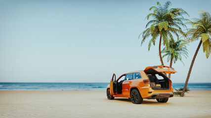 A orange SUV with its trunk open on a beach.