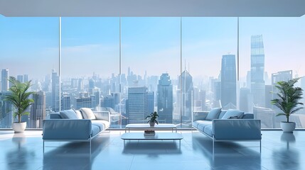 Minimalist modern living room foreground with high-rise city in the background, floor to ceiling windows, minimalist background, bright style - obrazy, fototapety, plakaty