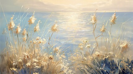 An oil painting of the sea with a foreground of flowers and grass, focusing on a muted color palette.