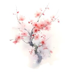 Watercolor illustration of blossom sakura tree. Japanese style.