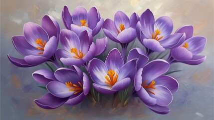 An oil painting featuring stunning purple crocuses with vibrant yellow centers, making it a captivating choice for wall art.