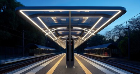 Retro Art Deco train platform canopy with bold lines and sleek materials