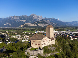Aerial of the Sargans village and medieval hilltop fortress in Canton Sankt Gallen in eastern...