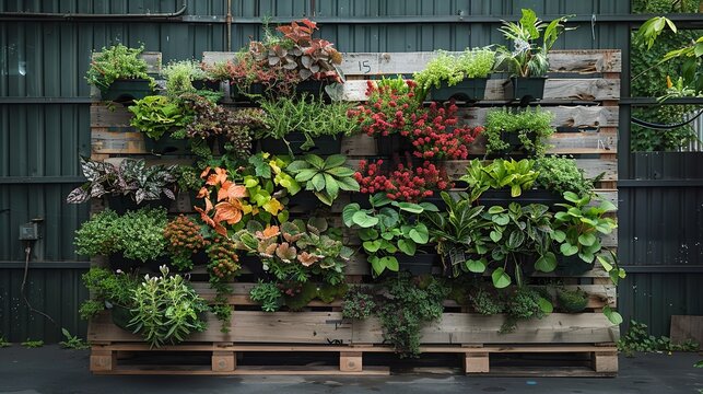 Close shot of various plants are on a wooden pallet with a blurry backdrop and a big space for text or gardening type product backdrop, Generative AI.