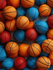 Obraz premium Vibrant basketballs in a tight pattern - A colorful array of basketballs in red, blue, and orange tightly packed, capturing a sense of motion and sportsmanship