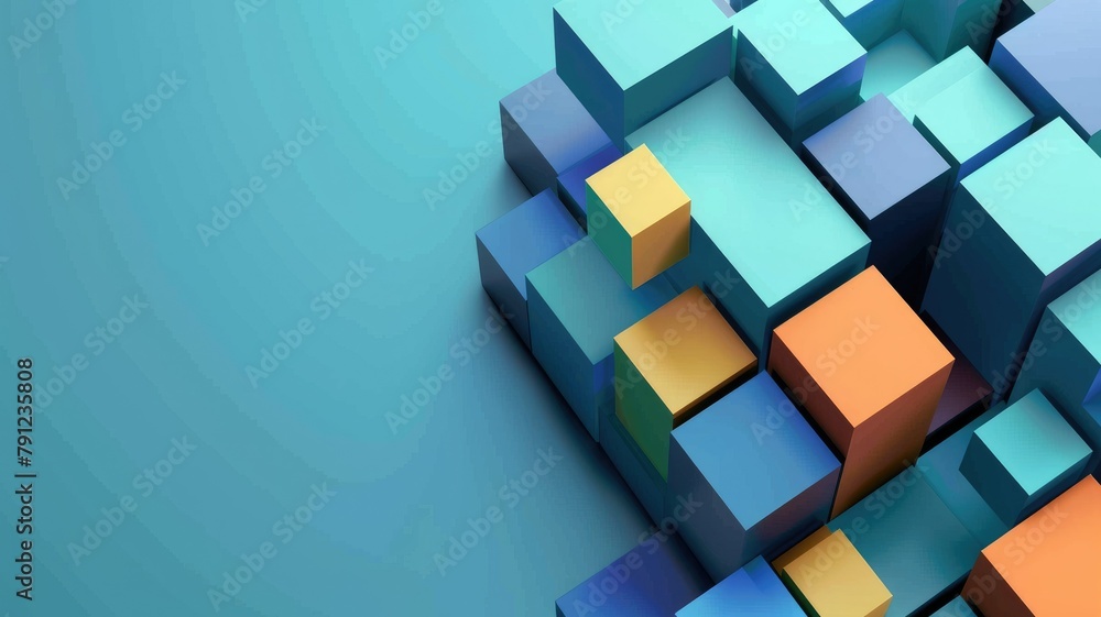 Poster abstract 3d cubes in blue and orange tones - a digital 3d image featuring a pleasing pattern of cube