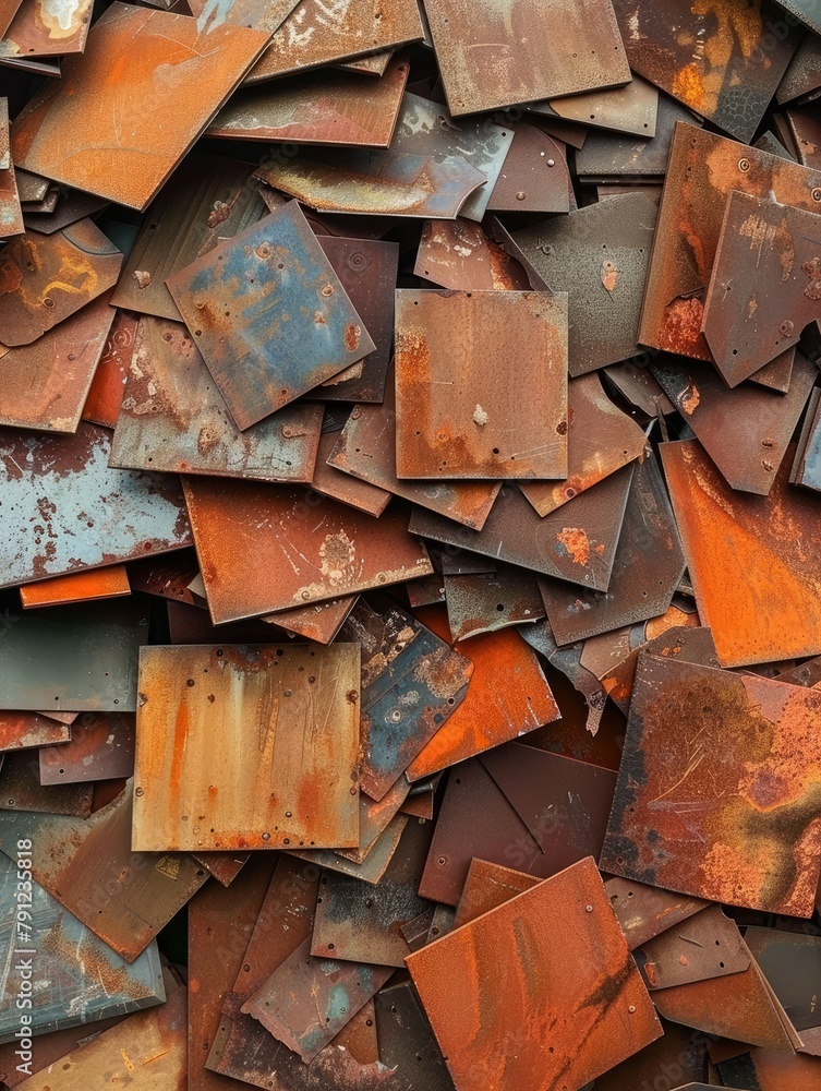 Poster pile of rusting metal sheets with vivid textures - a detailed image showcasing an assortment of rust