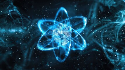 Futuristic atom in a digital blue environment - A digitally enhanced atom glows bright blue within a network of connecting particle trails, symbolizing scientific discovery