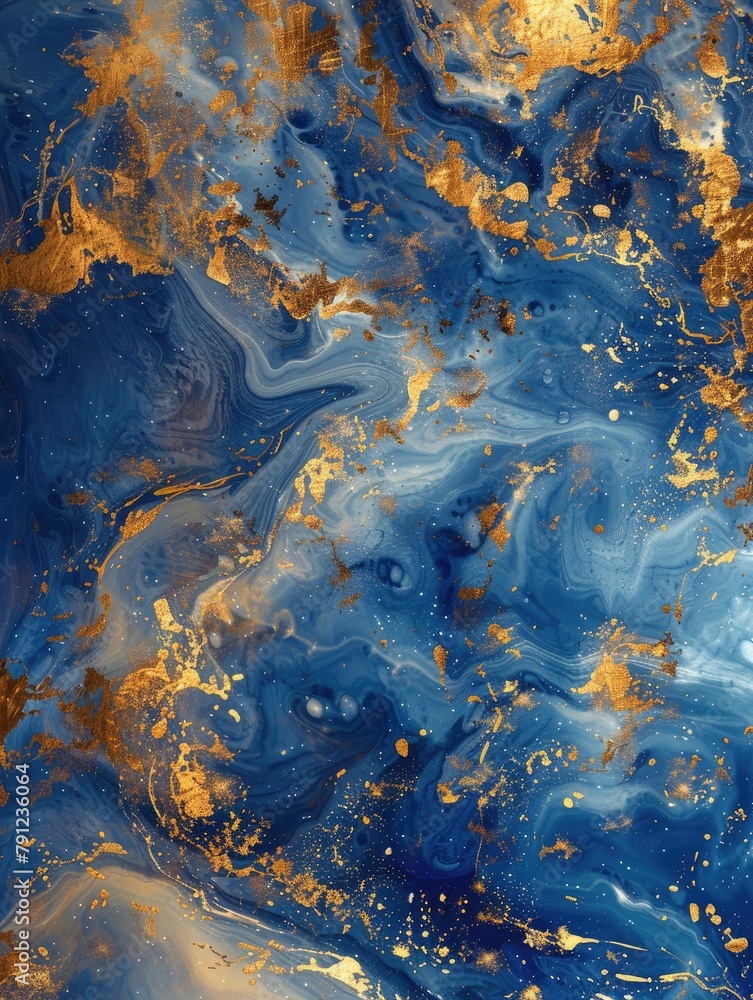Poster abstract gold and blue marbled pattern - a luxurious fluid art texture with swirling blue and gold p