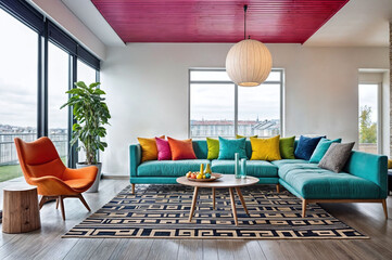 modern interior design living room mockup sofa table couch windows furniture rainbow colorful tone