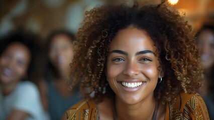 Fostering Community and Empathy: A Woman Smiling in a Therapy Group. Concept Mindfulness, Emotional Support, Group Dynamics, Psychological Well-being, Positive Mental Health - obrazy, fototapety, plakaty
