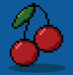 Cherry in 8 bit pixel art. Cherry pixel in vector.