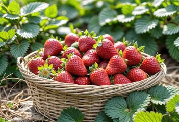 Fresh Organic Strawberries in Basket on Pick-Your-Own Farm
