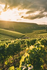 Rolling hills of vibrant green vineyards bathed in golden sunlight, with workers harvesting grapes...