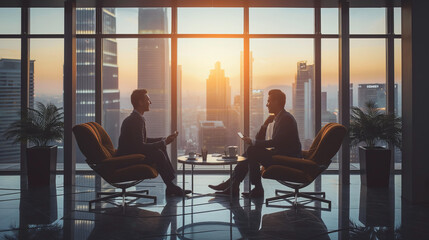 Fototapeta premium Two men are sitting in chairs in front of a window, looking out at the city. Scene is calm and contemplative, as the men are engaged in a conversation