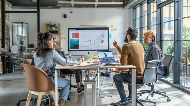 A group of people are sitting around a table in a conference room, looking at a large monitor. They are discussing a presentation on the screen. The atmosphere seems to be professional and focused