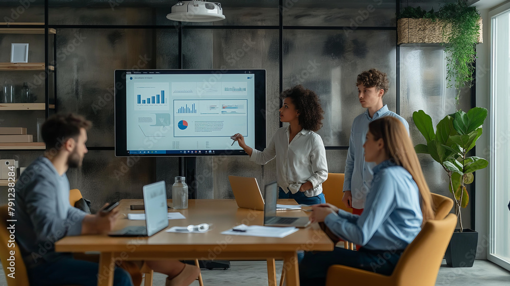 Wall mural A group of people are gathered around a large screen, with a woman pointing at a graph. The room is filled with office furniture, including chairs and a potted plant