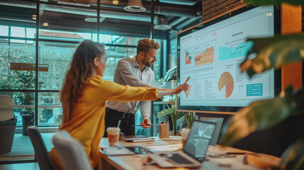 A man and a woman are looking at a large screen with graphs and charts. Scene is focused and professional, as the two people are discussing data