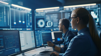 Two people are working on computers in a room with blue screens. One of the people is a woman with a ponytail