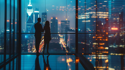 A couple is standing on a glass floor looking out over a city. The city is lit up at night, creating a romantic atmosphere