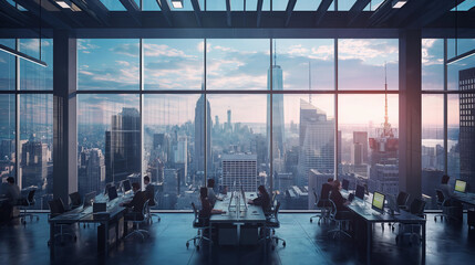 A group of people are working in an office with a view of the city. Scene is professional and...