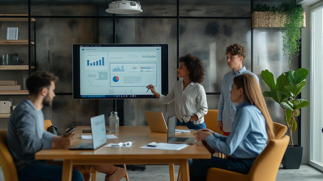 A group of people are gathered around a large screen, with a woman pointing at a graph. The room is filled with office furniture, including chairs and a potted plant