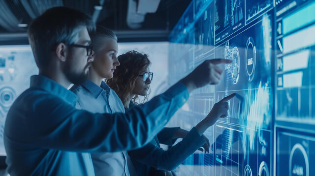 Three people are pointing at a computer screen with a blue background. Concept of collaboration and teamwork as the individuals work together to analyze the data displayed on the screen