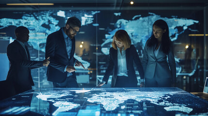 A group of people are gathered around a large screen displaying a map of the world. They are all dressed in business attire and appear to be discussing something important