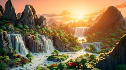 3D rendering of a fantasy landscape with a waterfall and a lake