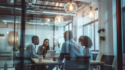 A group of people are sitting around a table in a conference room. They are all looking at a laptop computer